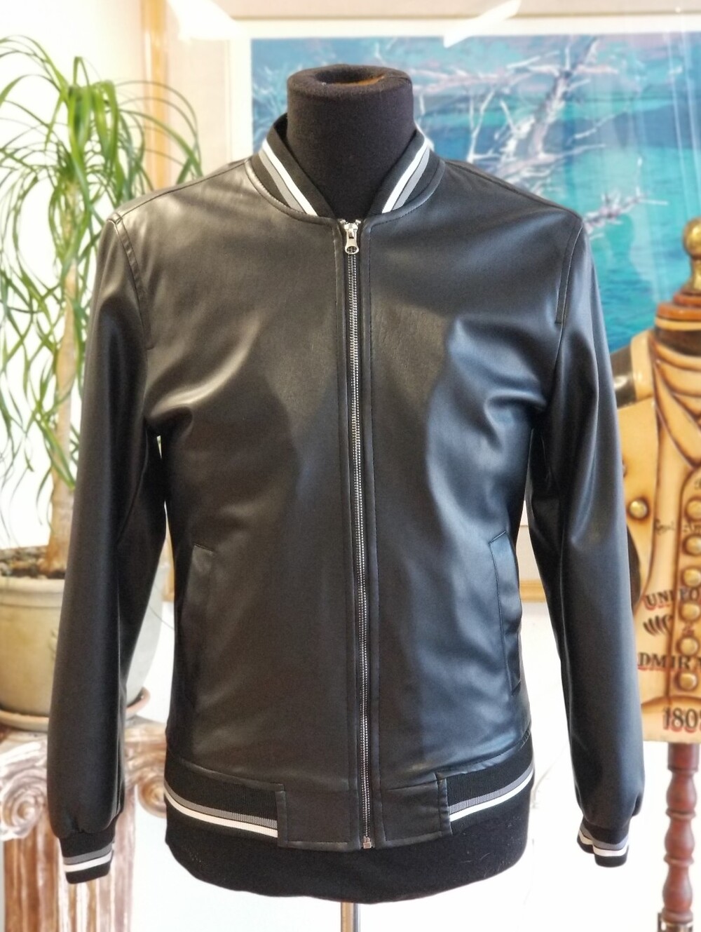 Black Men's Vegan Leather Bomber Jacket